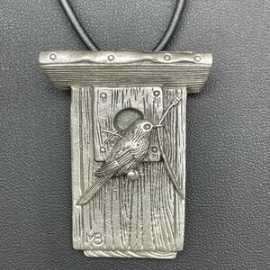 **Vintage Unique Signed Marjolein Bastin Pewter Bird House Pendant Necklace**